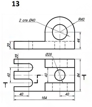 чертеж сложный разрез,  чертеж детали, чертеж в автокаде, вариант 13 инженерная графика