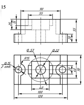 Три проекции детали по двум заданным, аксонометрическая проекция вариант 15