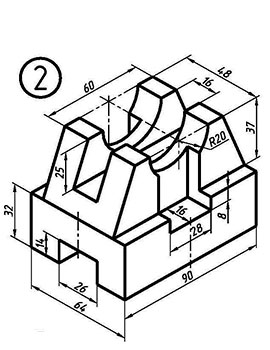 Построить три вида по данному наглядному изображению детали, нанести размеры, вариант 2 контрольно-графическая работа 1, инженерная графика