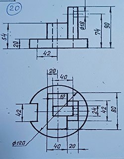Построить третий вид по двум заданным с указанием необходимых разрезов, построить аксонометрию нанести размеры, вариант 20, инженерная графика