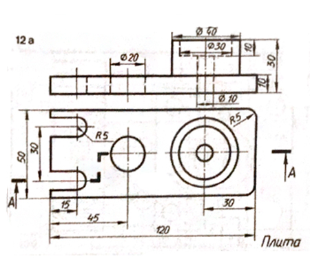 чертеж детали, три проекции детали вариант 12а, ступенчатый разрез детали вариант 12а, ИрНИТУ, три проекции детали по двум заданным,  изометрия детали, инженерная графика
