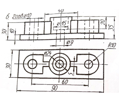 чертеж,  три проекции по двум заданным, построить натуральную величину наклонного сечени, чертеж детали, чертеж в автокаде, вариант 6 инженерная графика