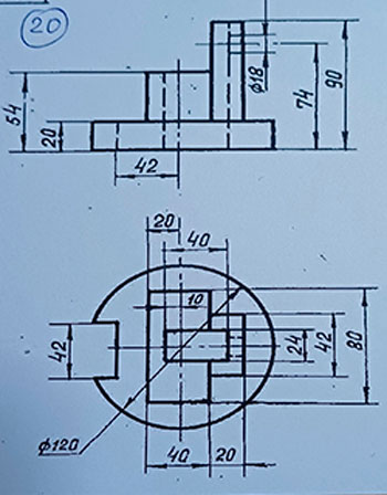 Построить третий вид детали по двум заданным с указанием необходимых разрезов,  Построить аксонометрическую проекцию с вырезом 1/4 части детали, нанести размеры, вариант 20, инженерная графика