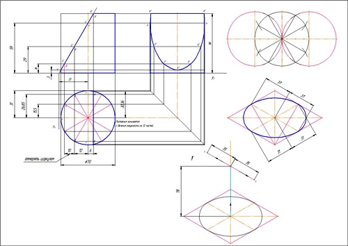 Комплексный чертеж усеченного цилиндра, аксонометрия усеченного цилиндра, развертка усеченного цилиндра, ортогональные проекции цилиндра усеченного, начертательная геометрия, инженерная графика