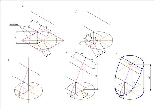 Комплексный чертеж усеченного цилиндра, аксонометрия усеченного цилиндра, развертка усеченного цилиндра, ортогональные проекции цилиндра усеченного, начертательная геометрия, инженерная графика