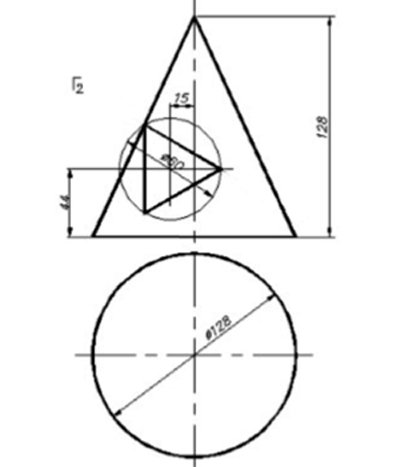 На трехпроекционном чертеже построить недостающие проекции сквозного отверстия в прямом круговом конусе, поверхности вращения, конус с отверстием, построить три проекции конуса, вариант 3, начертательная геометрия