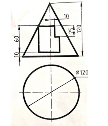 Построить недостающие проекции сквозного отверстия в прямом круговом конусе, поверхности вращения, конус с отверстием, построить три проекции конуса, вариант 12, начертательная геометрия 1 курс, ИрНИТУ