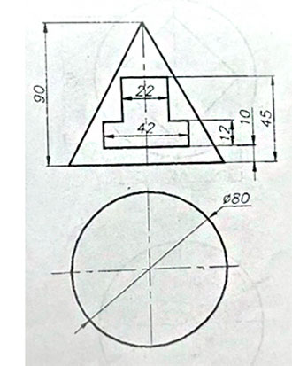 Построить недостающие проекции сквозного отверстия в прямом круговом конусе, поверхности вращения, конус с отверстием, построить три проекции конуса, вариант 12, начертательная геометрия 1 курс, ИрНИТУ