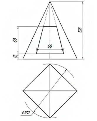 Построить три проекции пирамиды со сквозным призматическим отверстием, чертеж пирамиды, вариант 18, инженерная графика и начертательная геометрия 1 курс