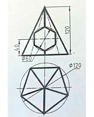 Построить три проекции пирамиды со сквозным призматическим отверстием, чертеж пирамиды, вариант 15, инженерная графика и начертательная геометрия 1 курс