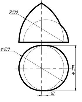 Пересечение поверхностей вариант 4, эпюр №4, пересечение тел вращения чертеж, пересечение цилиндра и полусферы