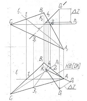 точка прямая плоскость, задана плоскость треугольника α(ΔАВС) и точка D, Из точки D провести перпендикуляр к плоскости α(ΔАВС) и найти точку пересечения К данного перпендикуляра с плоскостью α(ΔАВС), Определить видимость перпендикуляра, Определить натуральную величину расстояния от точки D до α(ΔАВС) (методом прямоугольного треугольника), начертательная геометрия